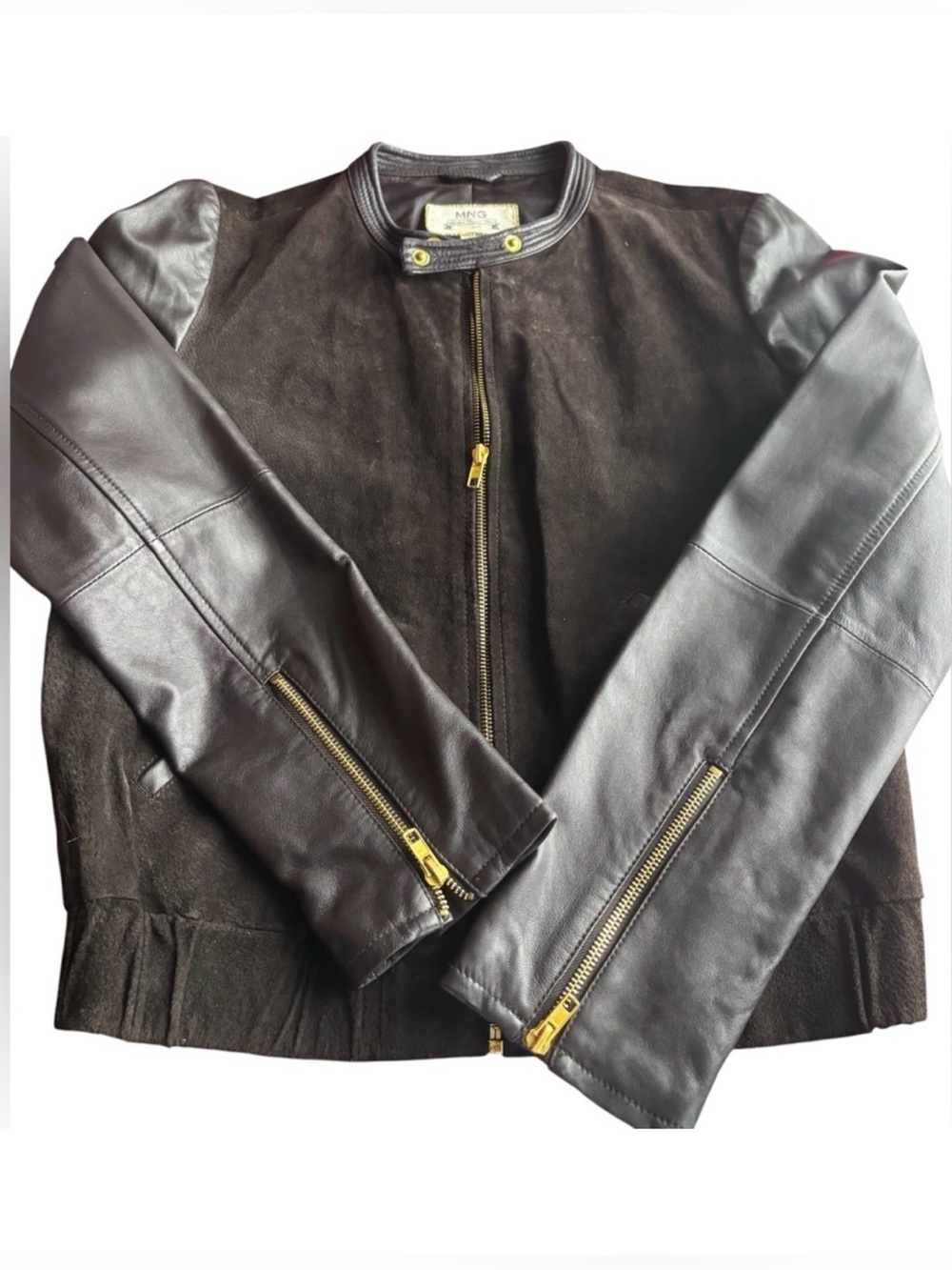 MNG Mango Mixed Media Leather & Suede Bomber Jacket Deep Chocolate Brown/Gold M